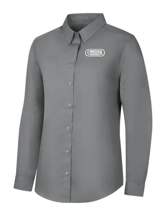 Womens Medium Grey Long Sleeve Carefree Poplin Shirt w/Comstock Resources Logo