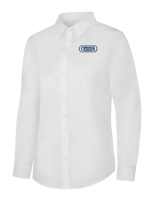 Womens White Long Sleeve Carefree Poplin Shirt w/Comstock Resources Logo