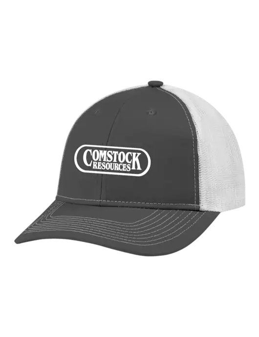 Snapback Ponytail Trucker Cap Dark Grey w/White Mesh w/Comstock Resources Logo